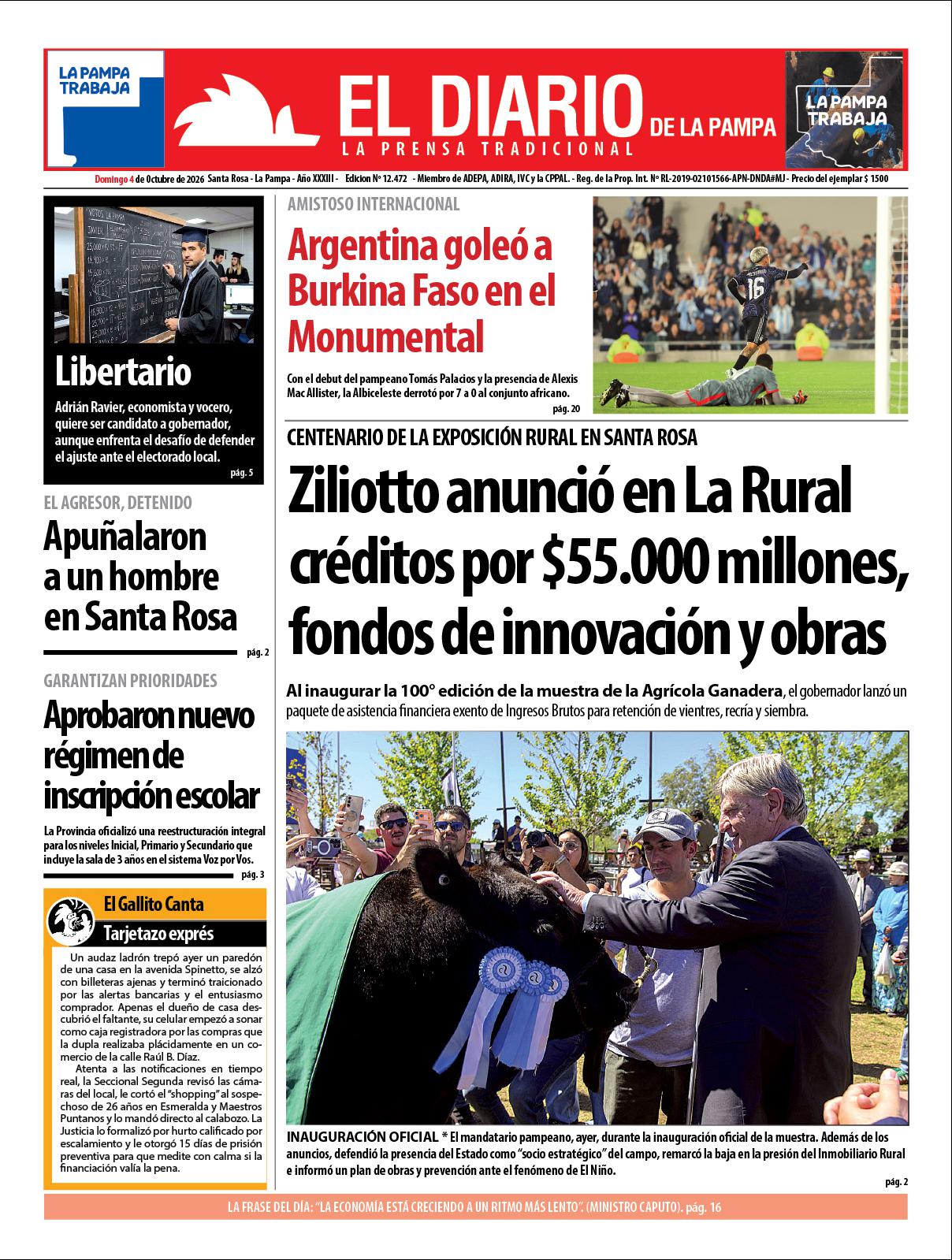 Tapa de El Diario en papel  domingo 04 de octubre de 2026